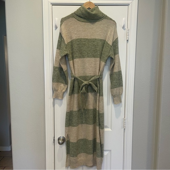 FRNCH Diana Midi Sweater Dress Women’s Small Striped Green Cream Slits Belted - Picture 2 of 11